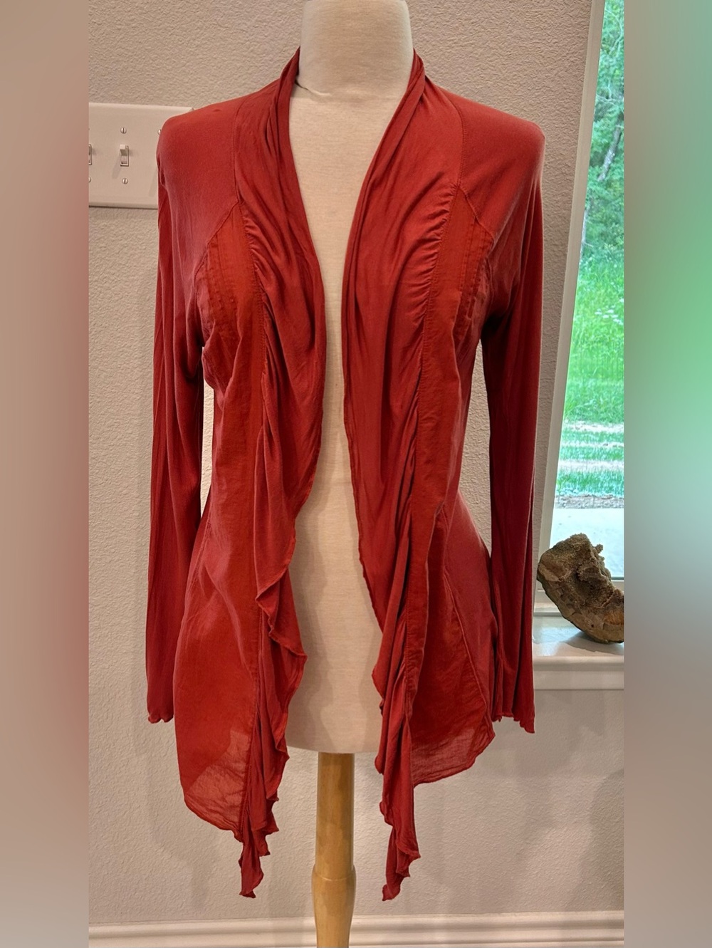 Tiny | anthro Ruffled Open Front embroidered Cardigan - Rust Red large